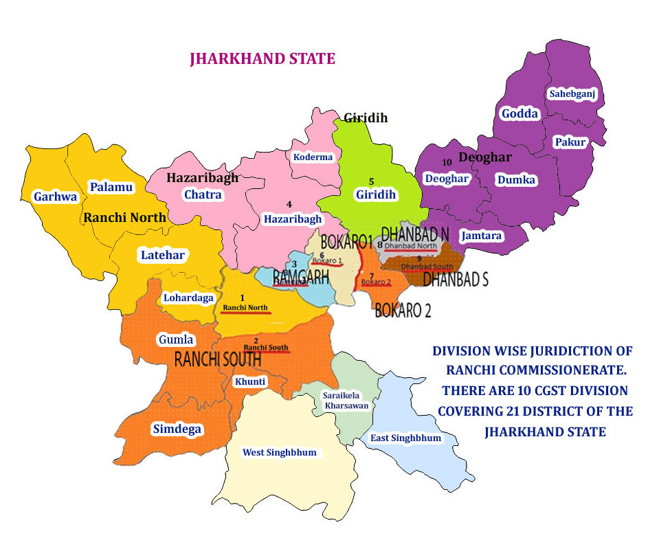 Map showing the jurisdiction of Central GST Commissionerate Patna-I in Jharkhand
